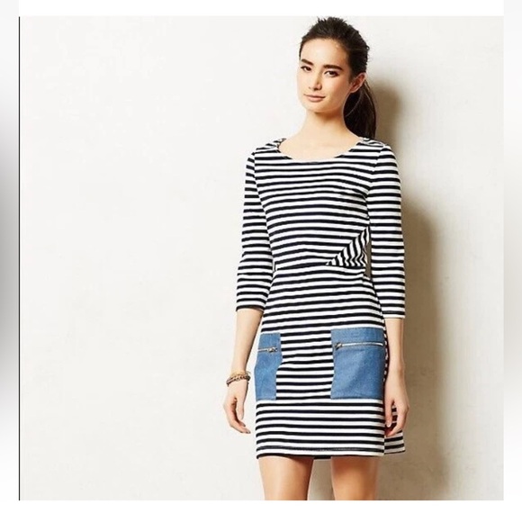 Anthropologie Tabitha Marin Dress Navy White Striped PonteKnit Patch Pocket Sz 0 - Picture 1 of 12